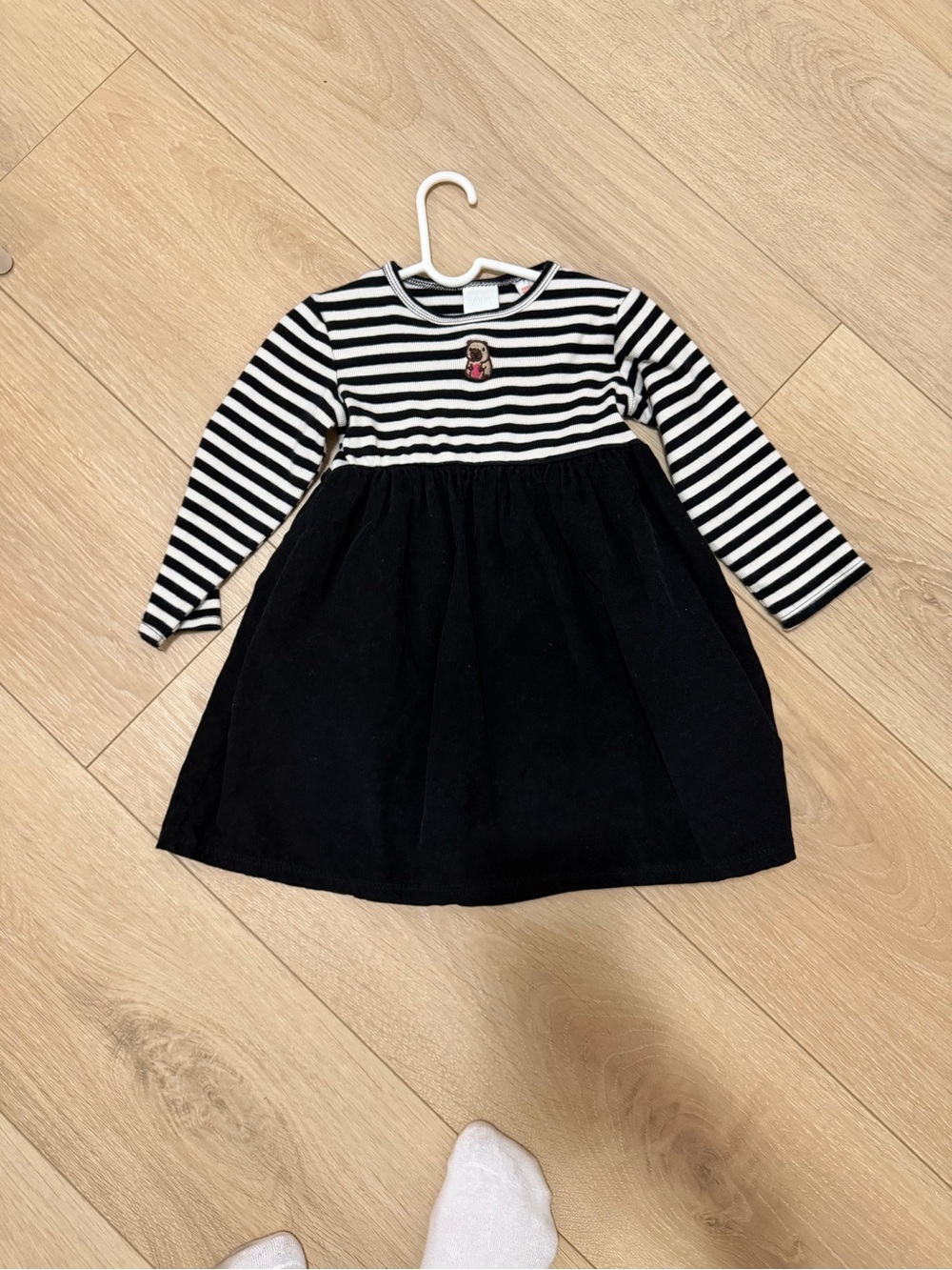 Zara Black & White Striped Long-Sleeve Dress with Embroidered Accent